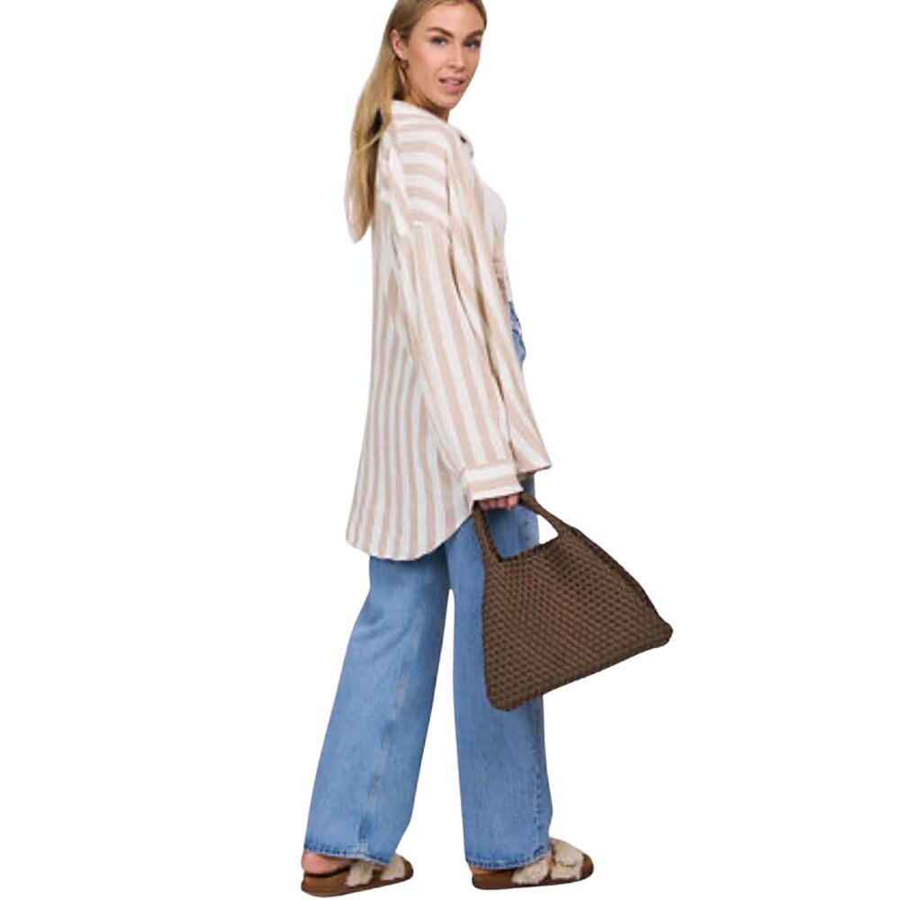 Brown and White Striped Linen Oversized Button Down Shirt XL